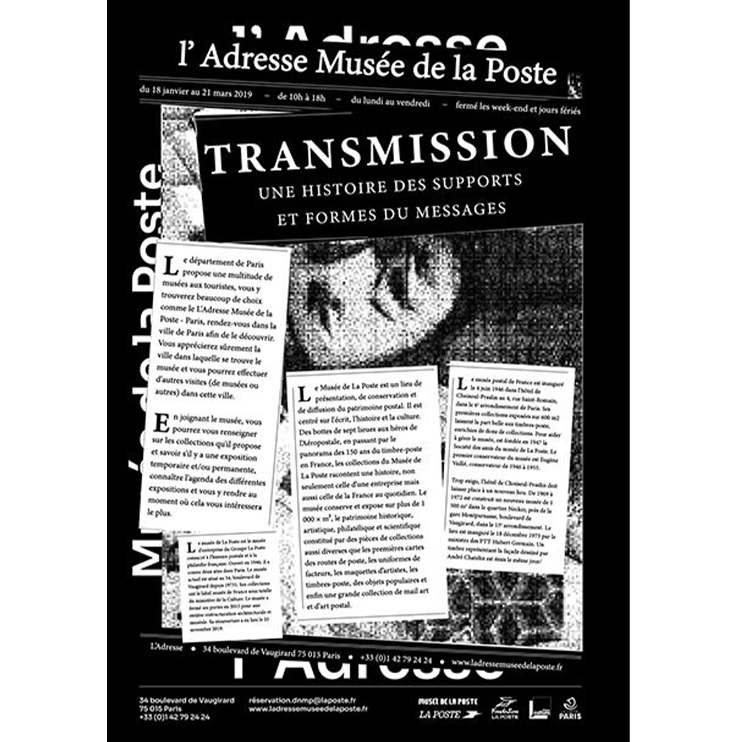 Affiche noir ladresse transmission, musée de La Poste, identité visuelle par Florent Andarelli